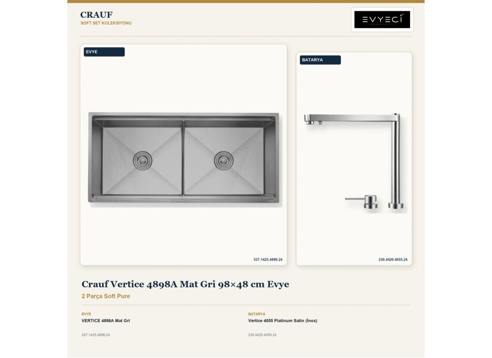 Crauf Vertice 4898A Mat Gri 98×48 cm Evye + Vertice 4055 Platinum Satin (İnox) Batarya | 2 Parça Soft Pure Crauf Vertice 4898A Mat Gri 98×48 cm Evye + Vertice 4055 Platinum Satin (İnox) Batarya | 2 Parça Soft Pure