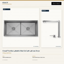 Crauf Vertice 4898A Mat Gri 98×48 cm Evye + Vertice 4055 Platinum Satin (İnox) Batarya | 2 Parça Soft Pure
