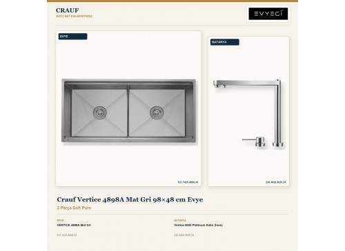 Crauf Vertice 4898A Mat Gri 98×48 cm Evye + Vertice 4055 Platinum Satin (İnox) Batarya | 2 Parça Soft Pure