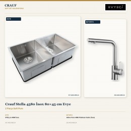 Crauf Stella 4580 İnox 80×45 cm Evye + Attivo Pure 4065 Platinum Satin (İnox) Batarya | 2 Parça Soft Pure