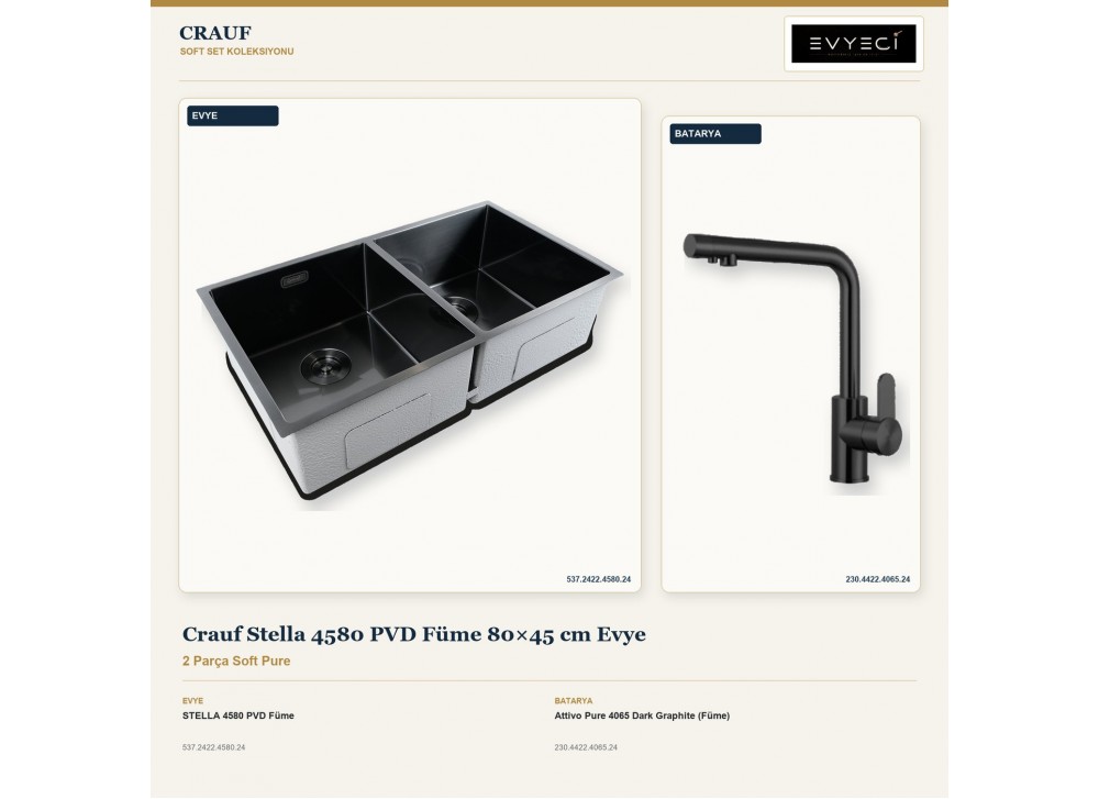 Crauf Stella 4580 PVD Füme 80×45 cm Evye + Attivo Pure 4065 Dark Graphite (Füme) Batarya | 2 Parça Soft Pure Crauf Stella 4580 PVD Füme 80×45 cm Evye + Attivo Pure 4065 Dark Graphite (Füme) Batarya | 2 Parça Soft Pure