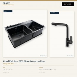 Crauf Poli 6311 PVD Füme 86×51 cm Evye + Attivo Pure 4065 Dark Graphite (Füme) Batarya | 2 Parça Soft Pure
