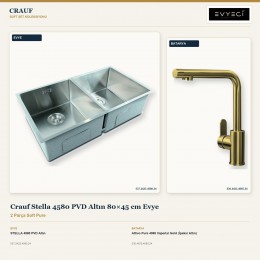 Crauf Stella 4580 PVD Altın 80×45 cm Evye + Attivo Pure 4065 Imperial Gold (İpeksi Altın) Batarya | 2 Parça Soft Pure