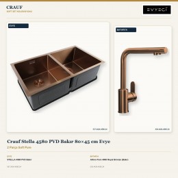 Crauf Stella 4580 PVD Bakır 80×45 cm Evye + Attivo Pure 4065 Royal Bronze (Bakır) Batarya | 2 Parça Soft Pure
