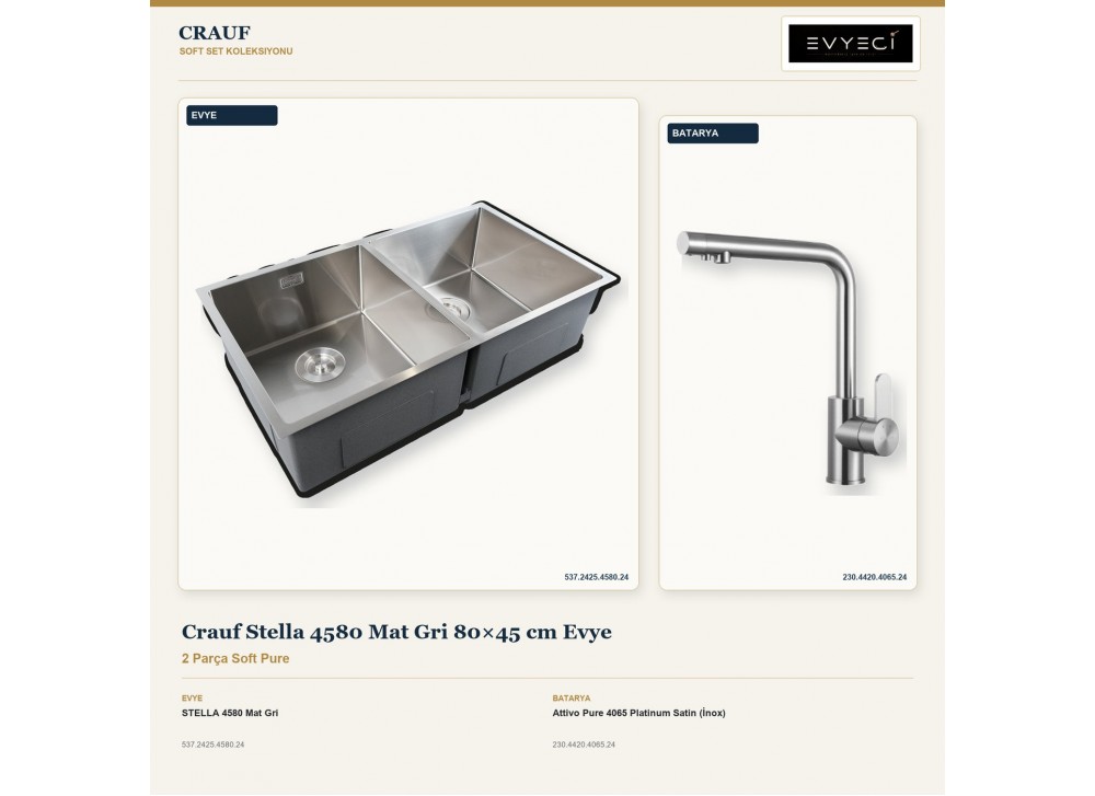 Crauf Stella 4580 Mat Gri 80×45 cm Evye + Attivo Pure 4065 Platinum Satin (İnox) Batarya | 2 Parça Soft Pure Crauf Stella 4580 Mat Gri 80×45 cm Evye + Attivo Pure 4065 Platinum Satin (İnox) Batarya | 2 Parça Soft Pure