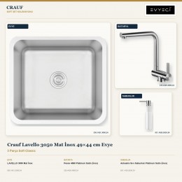 Crauf Lavello 3050 Mat İnox 49×44 cm Evye + Pesce 4060 Batarya + Aynı Renk Sabunluk | 3 Parça Soft Classic