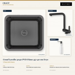 Crauf Lavello 3040 PVD Füme 45×40 cm Evye + Pesce 4060 Batarya + Aynı Renk Sabunluk | 3 Parça Soft Classic