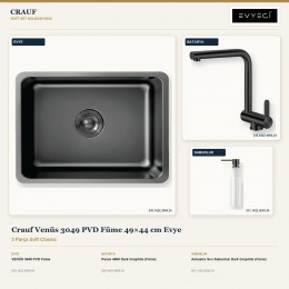 Crauf Venüs 3049 PVD Füme 49×44 cm Evye + Pesce 4060 Batarya + Aynı Renk Sabunluk | 3 Parça Soft Classic