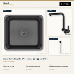 Crauf Lavello 3050 PVD Füme 49×44 cm Evye + Pesce 4060 Batarya + Aynı Renk Sabunluk | 3 Parça Soft Classic