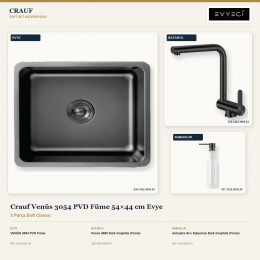 Crauf Venüs 3054 PVD Füme 54×44 cm Evye + Pesce 4060 Batarya + Aynı Renk Sabunluk | 3 Parça Soft Classic