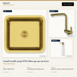 Crauf Lavello 3040 PVD Altın 45×40 cm Evye + Pesce 4060 Batarya + Aynı Renk Sabunluk | 3 Parça Soft Classic
