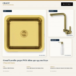 Crauf Lavello 3050 PVD Altın 49×44 cm Evye + Pesce 4060 Batarya + Aynı Renk Sabunluk | 3 Parça Soft Classic