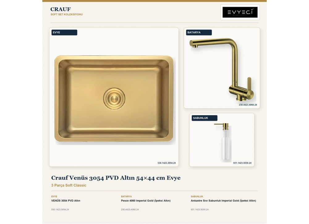 Crauf Venüs 3054 PVD Altın 54×44 cm Evye + Pesce 4060 Batarya + Aynı Renk Sabunluk | 3 Parça Soft Classic Crauf Venüs 3054 PVD Altın 54×44 cm Evye + Pesce 4060 Batarya + Aynı Renk Sabunluk | 3 Parça Soft Classic