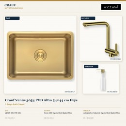 Crauf Venüs 3054 PVD Altın 54×44 cm Evye + Pesce 4060 Batarya + Aynı Renk Sabunluk | 3 Parça Soft Classic
