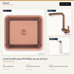 Crauf Lavello 3040 PVD Bakır 45×40 cm Evye + Pesce 4060 Batarya + Aynı Renk Sabunluk | 3 Parça Soft Classic
