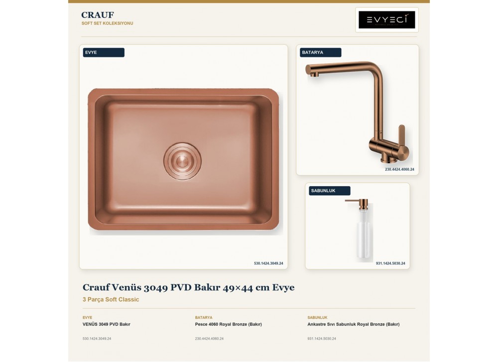 Crauf Venüs 3049 PVD Bakır 49×44 cm Evye + Pesce 4060 Batarya + Aynı Renk Sabunluk | 3 Parça Soft Classic Crauf Venüs 3049 PVD Bakır 49×44 cm Evye + Pesce 4060 Batarya + Aynı Renk Sabunluk | 3 Parça Soft Classic