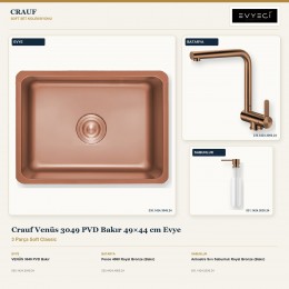 Crauf Venüs 3049 PVD Bakır 49×44 cm Evye + Pesce 4060 Batarya + Aynı Renk Sabunluk | 3 Parça Soft Classic