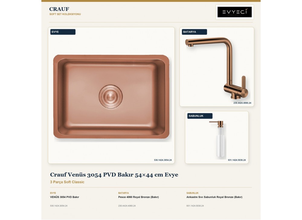 Crauf Venüs 3054 PVD Bakır 54×44 cm Evye + Pesce 4060 Batarya + Aynı Renk Sabunluk | 3 Parça Soft Classic Crauf Venüs 3054 PVD Bakır 54×44 cm Evye + Pesce 4060 Batarya + Aynı Renk Sabunluk | 3 Parça Soft Classic