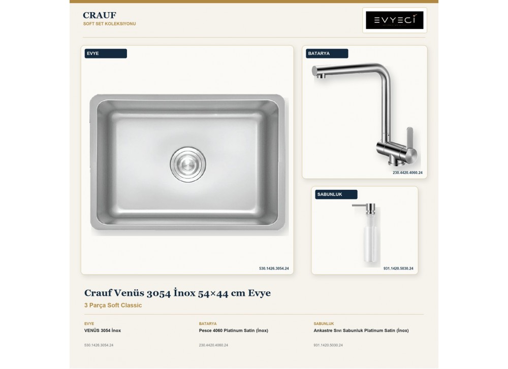 Crauf Venüs 3054 İnox 54×44 cm Evye + Pesce 4060 Batarya + Aynı Renk Sabunluk | 3 Parça Soft Classic Crauf Venüs 3054 İnox 54×44 cm Evye + Pesce 4060 Batarya + Aynı Renk Sabunluk | 3 Parça Soft Classic
