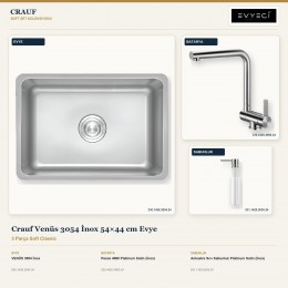 Crauf Venüs 3054 İnox 54×44 cm Evye + Pesce 4060 Batarya + Aynı Renk Sabunluk | 3 Parça Soft Classic