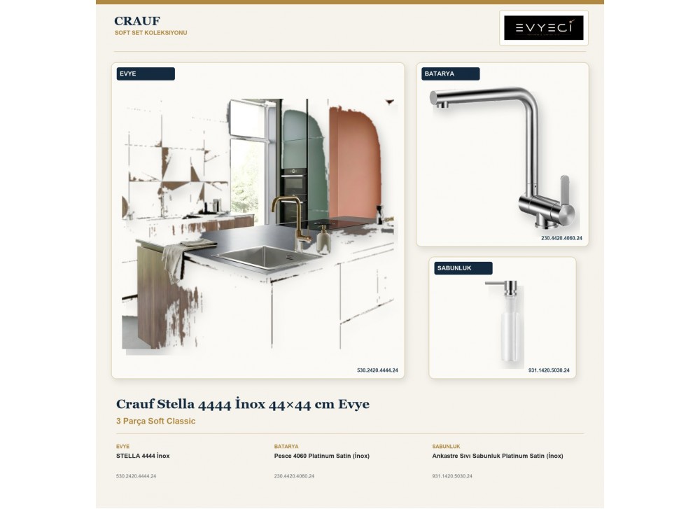 Crauf Stella 4444 İnox 44×44 cm Evye + Pesce 4060 Batarya + Aynı Renk Sabunluk | 3 Parça Soft Classic Crauf Stella 4444 İnox 44×44 cm Evye + Pesce 4060 Batarya + Aynı Renk Sabunluk | 3 Parça Soft Classic