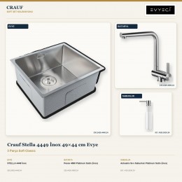 Crauf Stella 4449 İnox 49×44 cm Evye + Pesce 4060 Batarya + Aynı Renk Sabunluk | 3 Parça Soft Classic