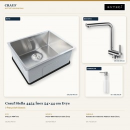 Crauf Stella 4454 İnox 54×44 cm Evye + Pesce 4060 Batarya + Aynı Renk Sabunluk | 3 Parça Soft Classic