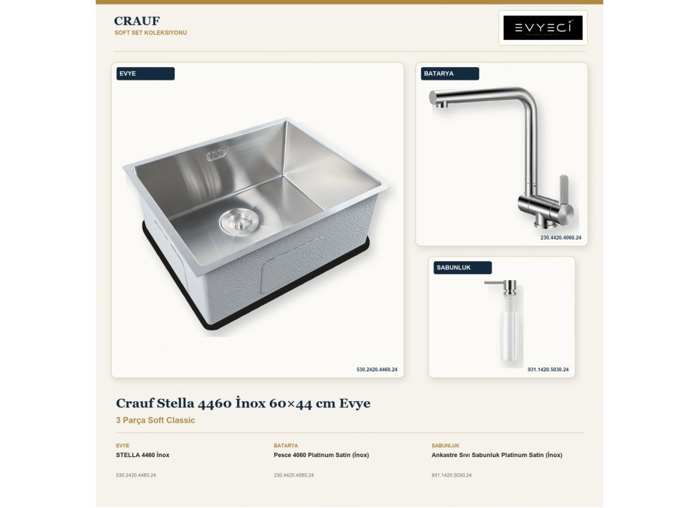 Crauf Stella 4460 İnox 60×44 cm Evye + Pesce 4060 Batarya + Aynı Renk Sabunluk | 3 Parça Soft Classic Crauf Stella 4460 İnox 60×44 cm Evye + Pesce 4060 Batarya + Aynı Renk Sabunluk | 3 Parça Soft Classic