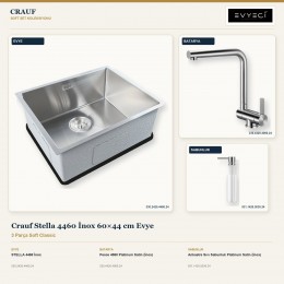 Crauf Stella 4460 İnox 60×44 cm Evye + Pesce 4060 Batarya + Aynı Renk Sabunluk | 3 Parça Soft Classic