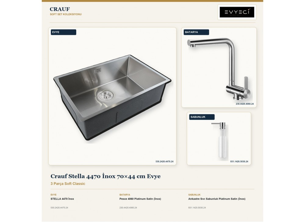 Crauf Stella 4470 İnox 70×44 cm Evye + Pesce 4060 Batarya + Aynı Renk Sabunluk | 3 Parça Soft Classic