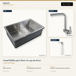 Crauf Stella 4470 İnox 70×44 cm Evye + Pesce 4060 Batarya + Aynı Renk Sabunluk | 3 Parça Soft Classic
