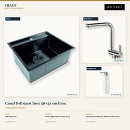 Crauf Poli 6301 İnox 58×51 cm Evye + Pesce 4060 Batarya + Aynı Renk Sabunluk | 3 Parça Soft Classic