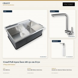 Crauf Poli 6302 İnox 68×51 cm Evye + Pesce 4060 Batarya + Aynı Renk Sabunluk | 3 Parça Soft Classic