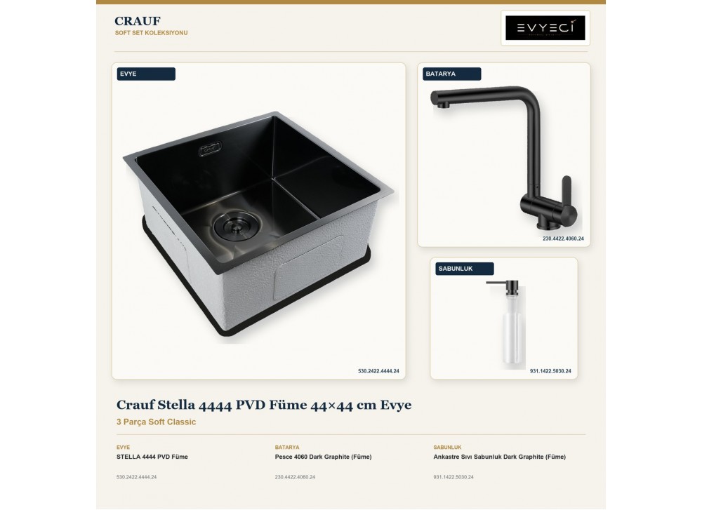 Crauf Stella 4444 PVD Füme 44×44 cm Evye + Pesce 4060 Batarya + Aynı Renk Sabunluk | 3 Parça Soft Classic Crauf Stella 4444 PVD Füme 44×44 cm Evye + Pesce 4060 Batarya + Aynı Renk Sabunluk | 3 Parça Soft Classic