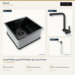 Crauf Stella 4444 PVD Füme 44×44 cm Evye + Pesce 4060 Batarya + Aynı Renk Sabunluk | 3 Parça Soft Classic