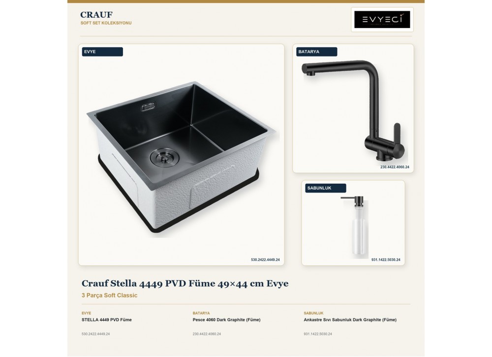 Crauf Stella 4449 PVD Füme 49×44 cm Evye + Pesce 4060 Batarya + Aynı Renk Sabunluk | 3 Parça Soft Classic Crauf Stella 4449 PVD Füme 49×44 cm Evye + Pesce 4060 Batarya + Aynı Renk Sabunluk | 3 Parça Soft Classic