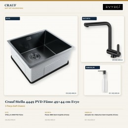 Crauf Stella 4449 PVD Füme 49×44 cm Evye + Pesce 4060 Batarya + Aynı Renk Sabunluk | 3 Parça Soft Classic