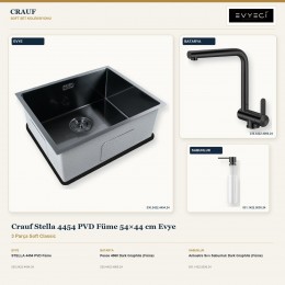Crauf Stella 4454 PVD Füme 54×44 cm Evye + Pesce 4060 Batarya + Aynı Renk Sabunluk | 3 Parça Soft Classic