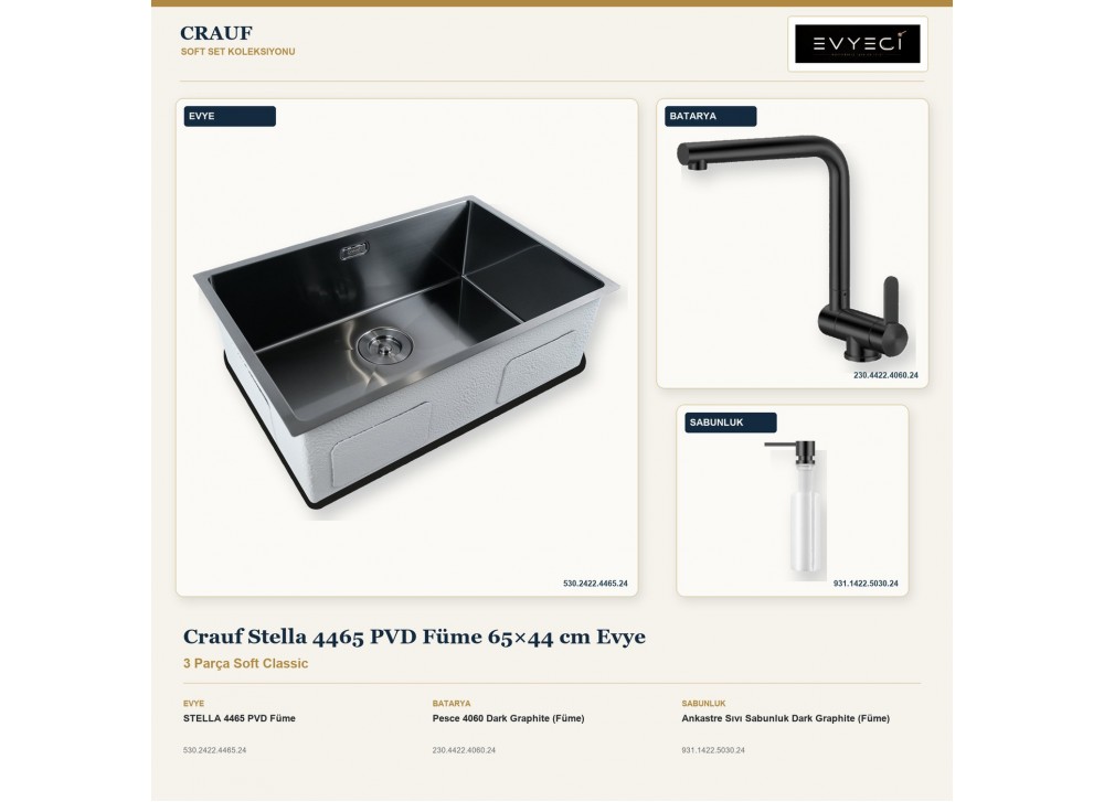 Crauf Stella 4465 PVD Füme 65×44 cm Evye + Pesce 4060 Batarya + Aynı Renk Sabunluk | 3 Parça Soft Classic Crauf Stella 4465 PVD Füme 65×44 cm Evye + Pesce 4060 Batarya + Aynı Renk Sabunluk | 3 Parça Soft Classic