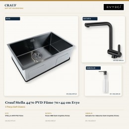 Crauf Stella 4470 PVD Füme 70×44 cm Evye + Pesce 4060 Batarya + Aynı Renk Sabunluk | 3 Parça Soft Classic