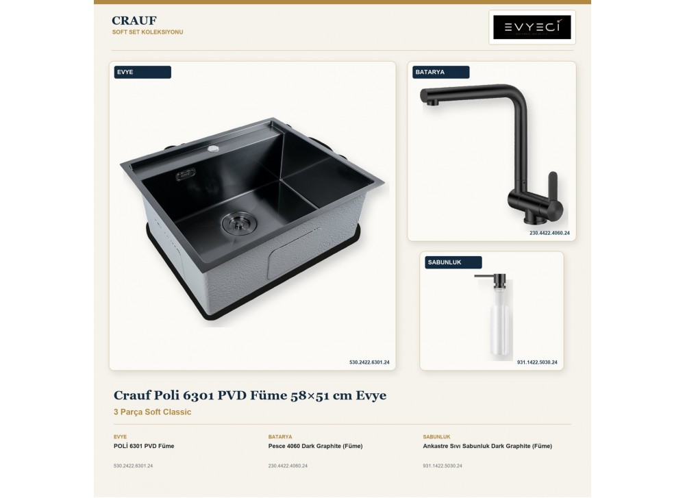 Crauf Poli 6301 PVD Füme 58×51 cm Evye + Pesce 4060 Batarya + Aynı Renk Sabunluk | 3 Parça Soft Classic