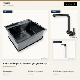 Crauf Poli 6301 PVD Füme 58×51 cm Evye + Pesce 4060 Batarya + Aynı Renk Sabunluk | 3 Parça Soft Classic
