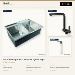 Crauf Poli 6302 PVD Füme 68×51 cm Evye + Pesce 4060 Batarya + Aynı Renk Sabunluk | 3 Parça Soft Classic