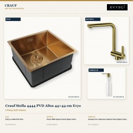 Crauf Stella 4444 PVD Altın 44×44 cm Evye + Pesce 4060 Batarya + Aynı Renk Sabunluk | 3 Parça Soft Classic