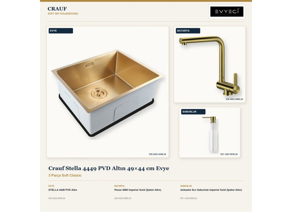 Crauf Stella 4449 PVD Altın 49×44 cm Evye + Pesce 4060 Batarya + Aynı Renk Sabunluk | 3 Parça Soft Classic Crauf Stella 4449 PVD Altın 49×44 cm Evye + Pesce 4060 Batarya + Aynı Renk Sabunluk | 3 Parça Soft Classic