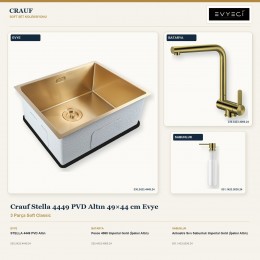 Crauf Stella 4449 PVD Altın 49×44 cm Evye + Pesce 4060 Batarya + Aynı Renk Sabunluk | 3 Parça Soft Classic