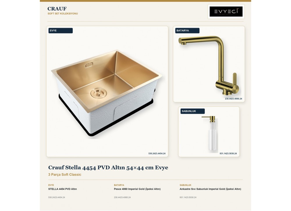 Crauf Stella 4454 PVD Altın 54×44 cm Evye + Pesce 4060 Batarya + Aynı Renk Sabunluk | 3 Parça Soft Classic Crauf Stella 4454 PVD Altın 54×44 cm Evye + Pesce 4060 Batarya + Aynı Renk Sabunluk | 3 Parça Soft Classic