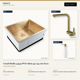 Crauf Stella 4454 PVD Altın 54×44 cm Evye + Pesce 4060 Batarya + Aynı Renk Sabunluk | 3 Parça Soft Classic