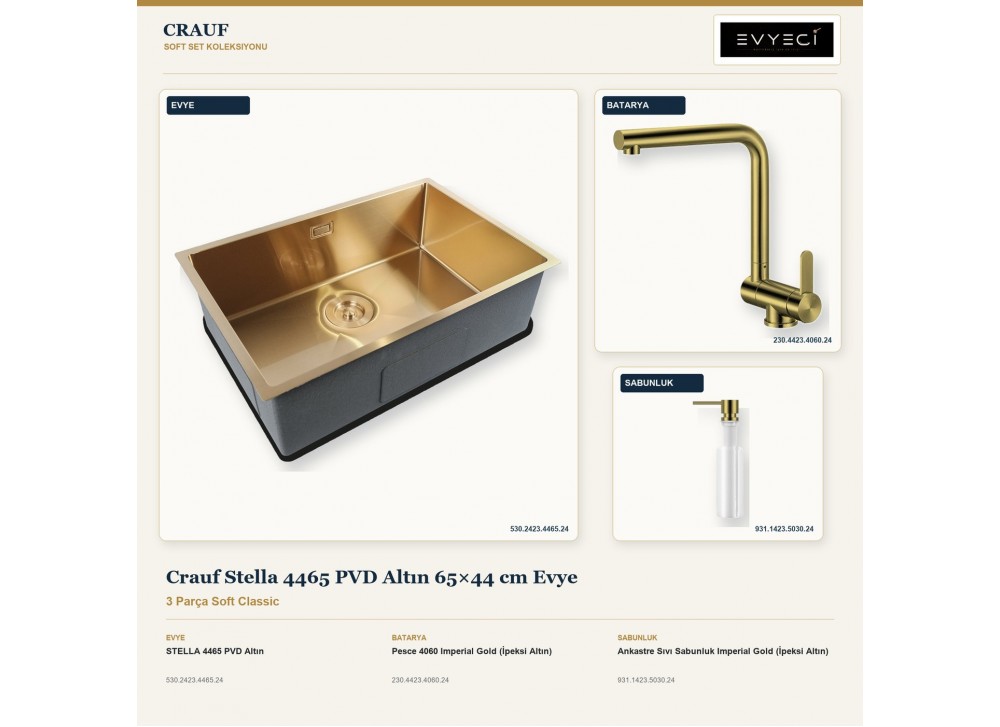Crauf Stella 4465 PVD Altın 65×44 cm Evye + Pesce 4060 Batarya + Aynı Renk Sabunluk | 3 Parça Soft Classic