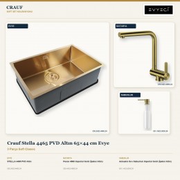 Crauf Stella 4465 PVD Altın 65×44 cm Evye + Pesce 4060 Batarya + Aynı Renk Sabunluk | 3 Parça Soft Classic